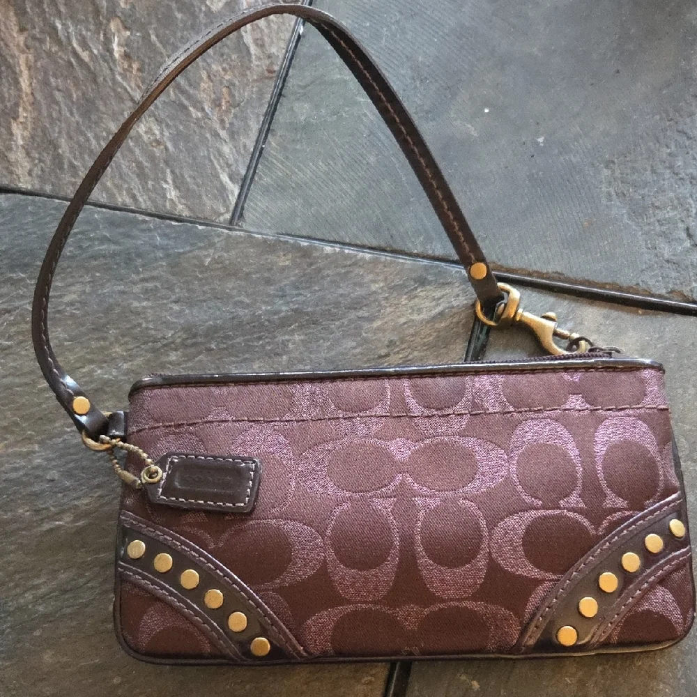 Coach Brown Signature Wristlet with Gold-Tone Studs